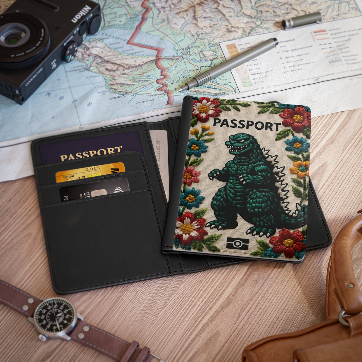 Floral Kaiju Passport Cover - Vintage Monster Travel Wallet | RFID Blocking Passport Holder