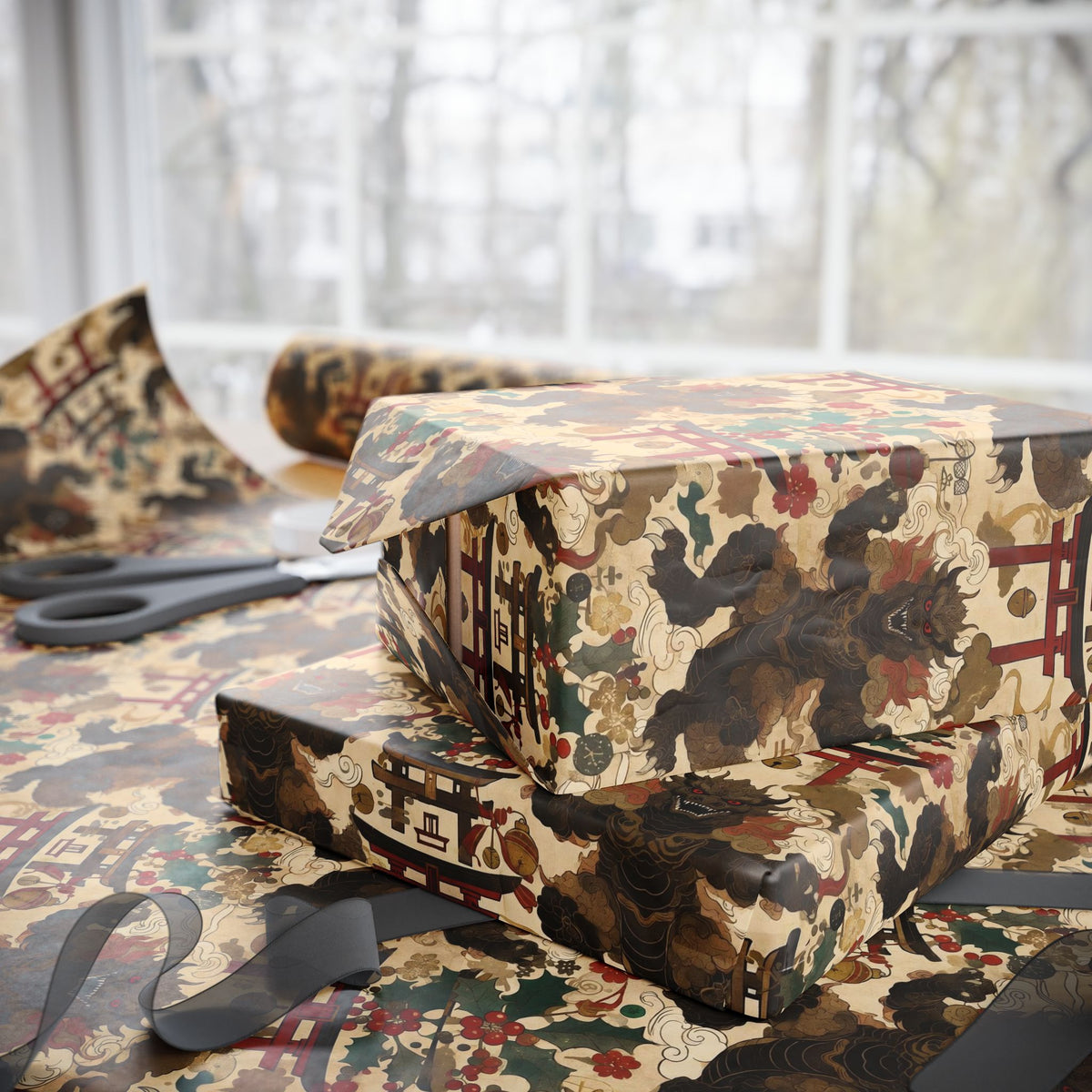 Vintage Japanese Kaiju Christmas Wrapping Paper - Retro Giant Monster Holiday Gift Wrap