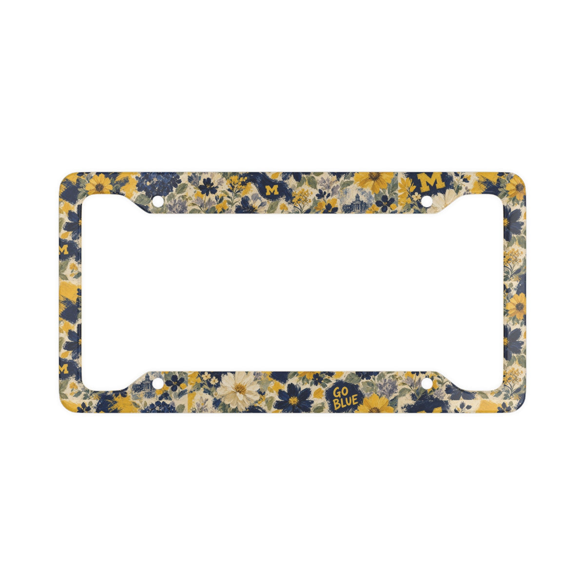 Go Blue floral license plate frame with navy and gold wildflowers on car