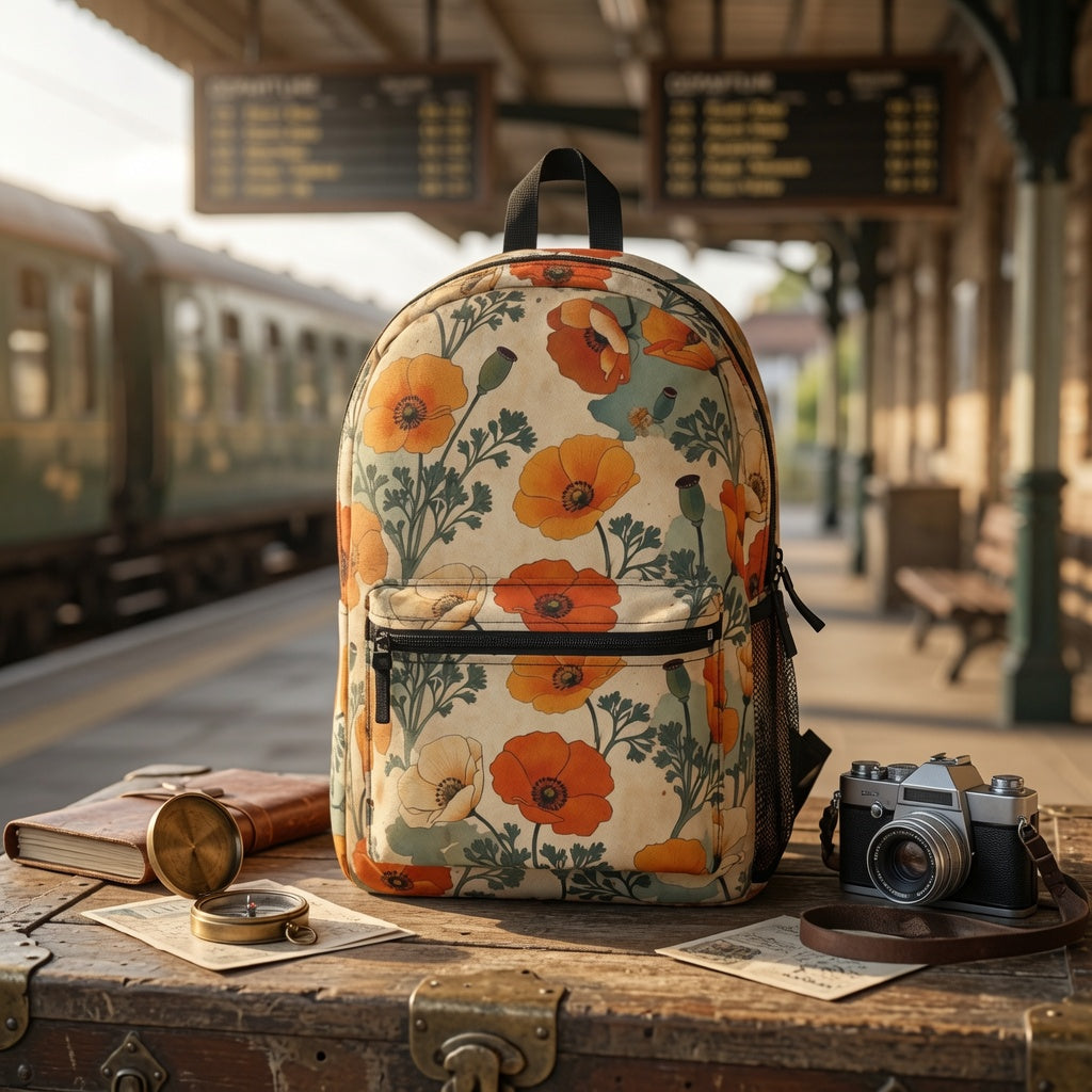 California Poppy Backpack – Vintage Botanical Floral Daypack