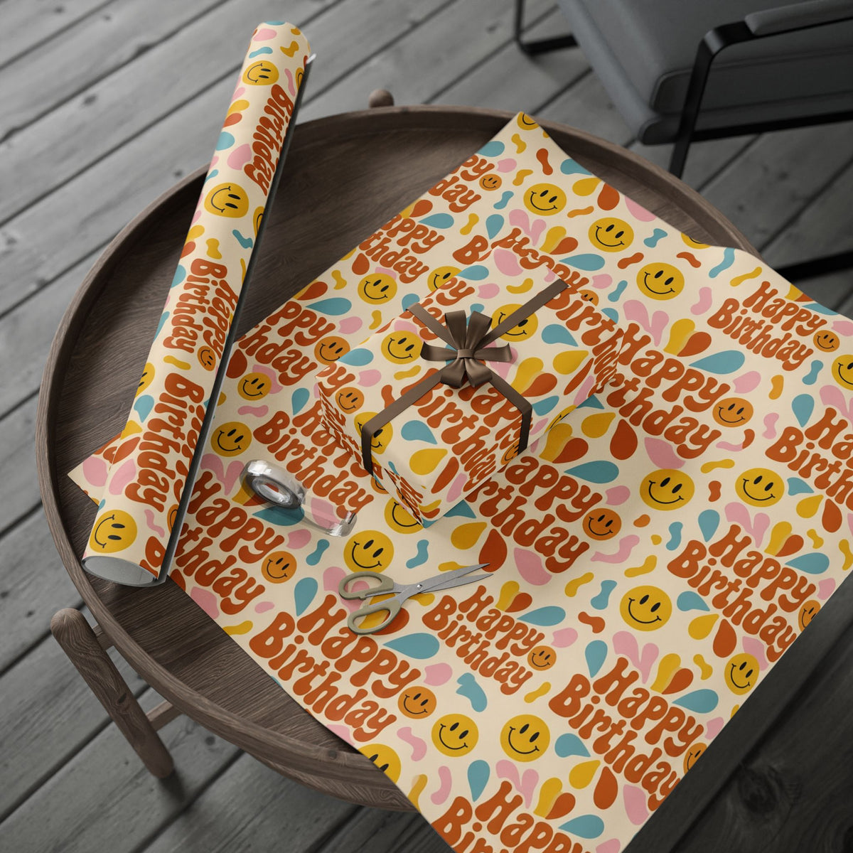 Groovy Smiley Happy Birthday Smiley Wrapping Paper Roll — Retro Colorful Party Gift Wrap