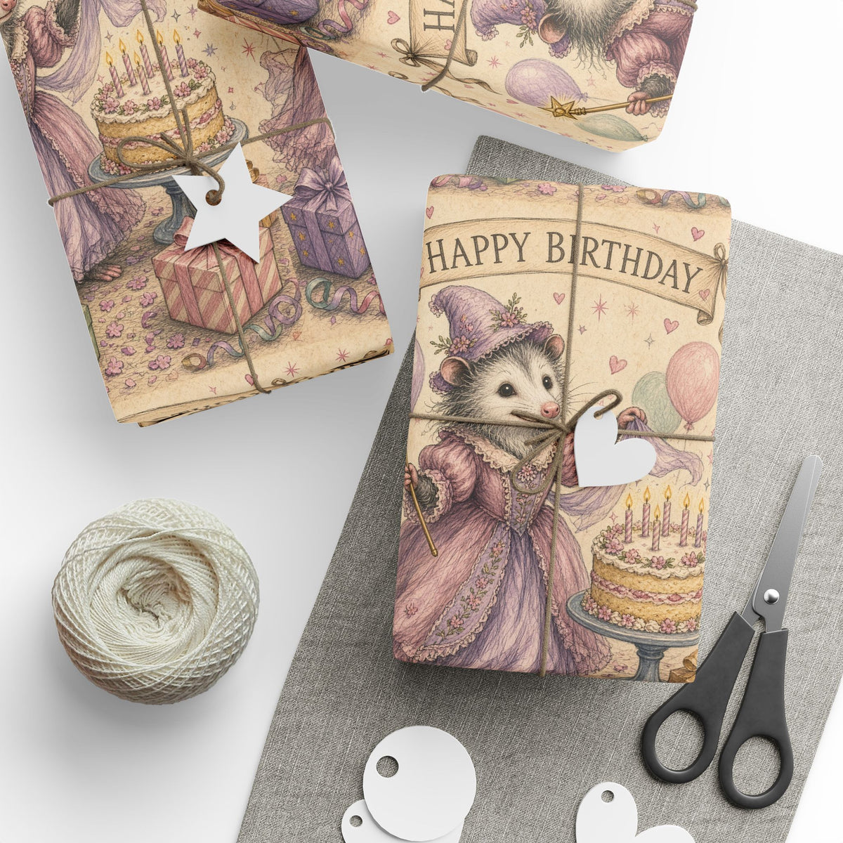 Funny birthday wrapping paper with cute opossum fairy