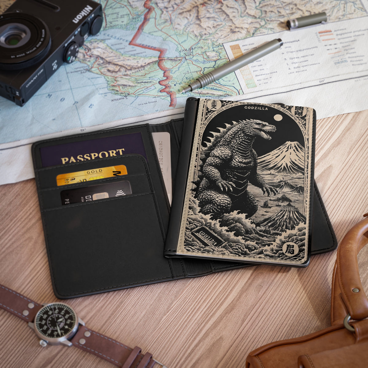 Vintage Kaiju Passport Cover - Retro Monster Anime RFID Travel Wallet