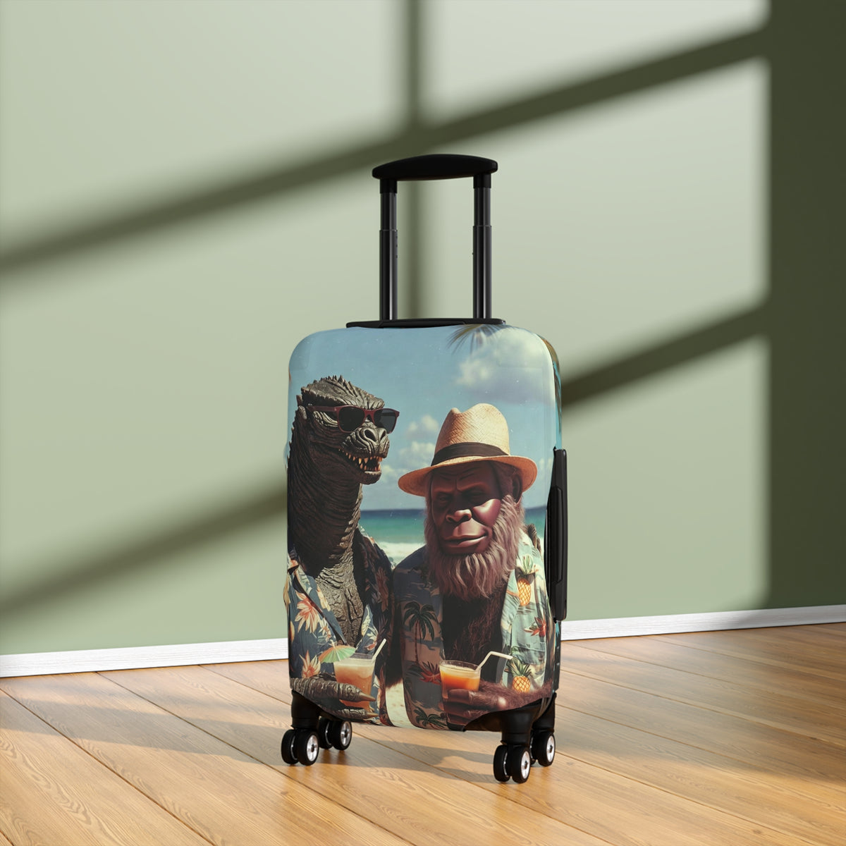 Beach Cryptids Luggage Cover - Funny Tropical Vacation Monsters Suitcase Protector