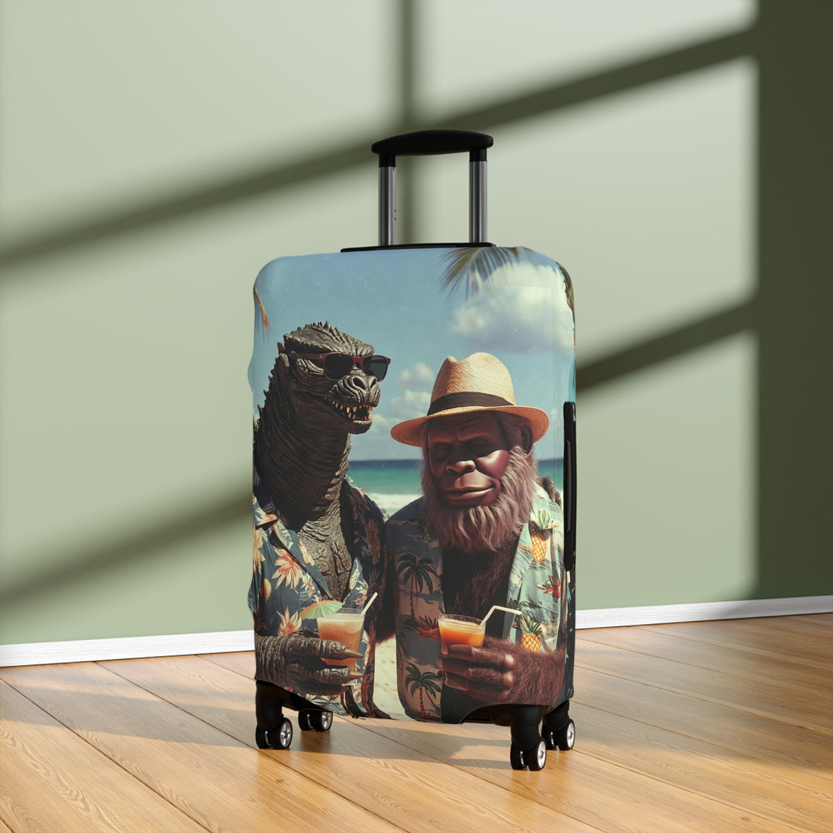 Beach Cryptids Luggage Cover - Funny Tropical Vacation Monsters Suitcase Protector