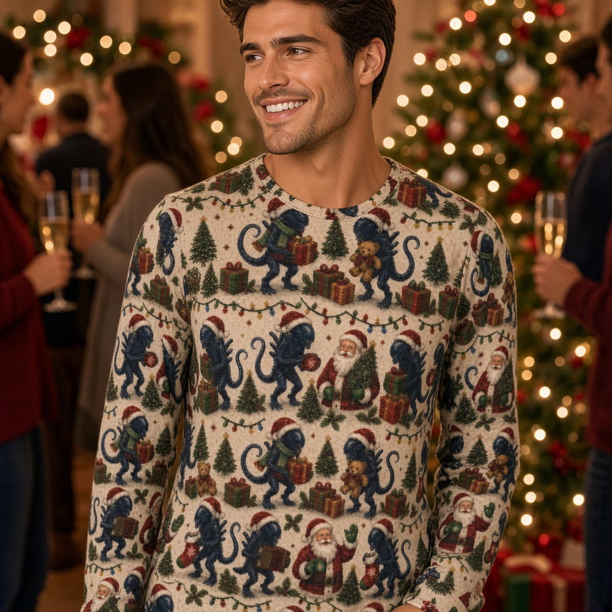 Christmas Long Sleeve Shirt with Santa, Snowmen and Aliens