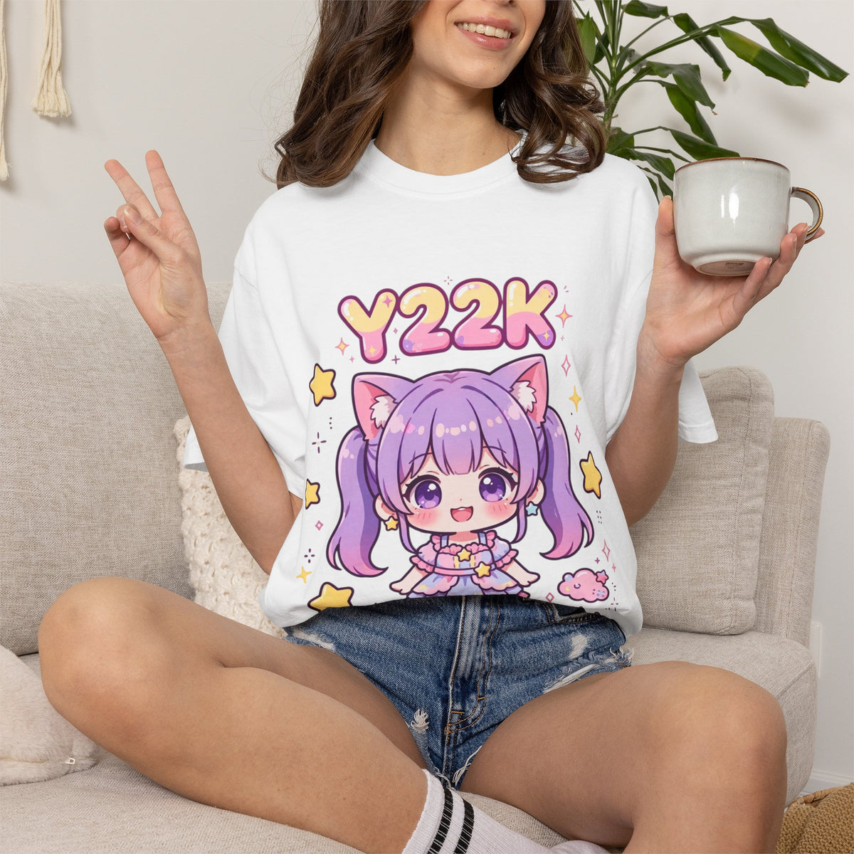 Y2K Anime Catgirl Graphic T-Shirt – Pastel Chibi Kawaii Tee | Heavyweight Cotton Y2K Streetwear