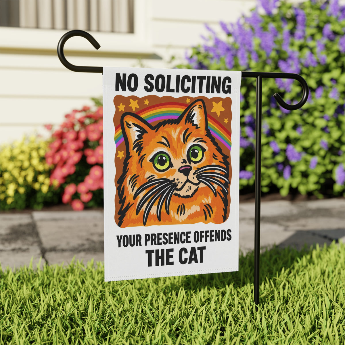 Funny No Soliciting Sign - Your Presence Offends The Cat - Retro Cat House Banner for Cat Moms