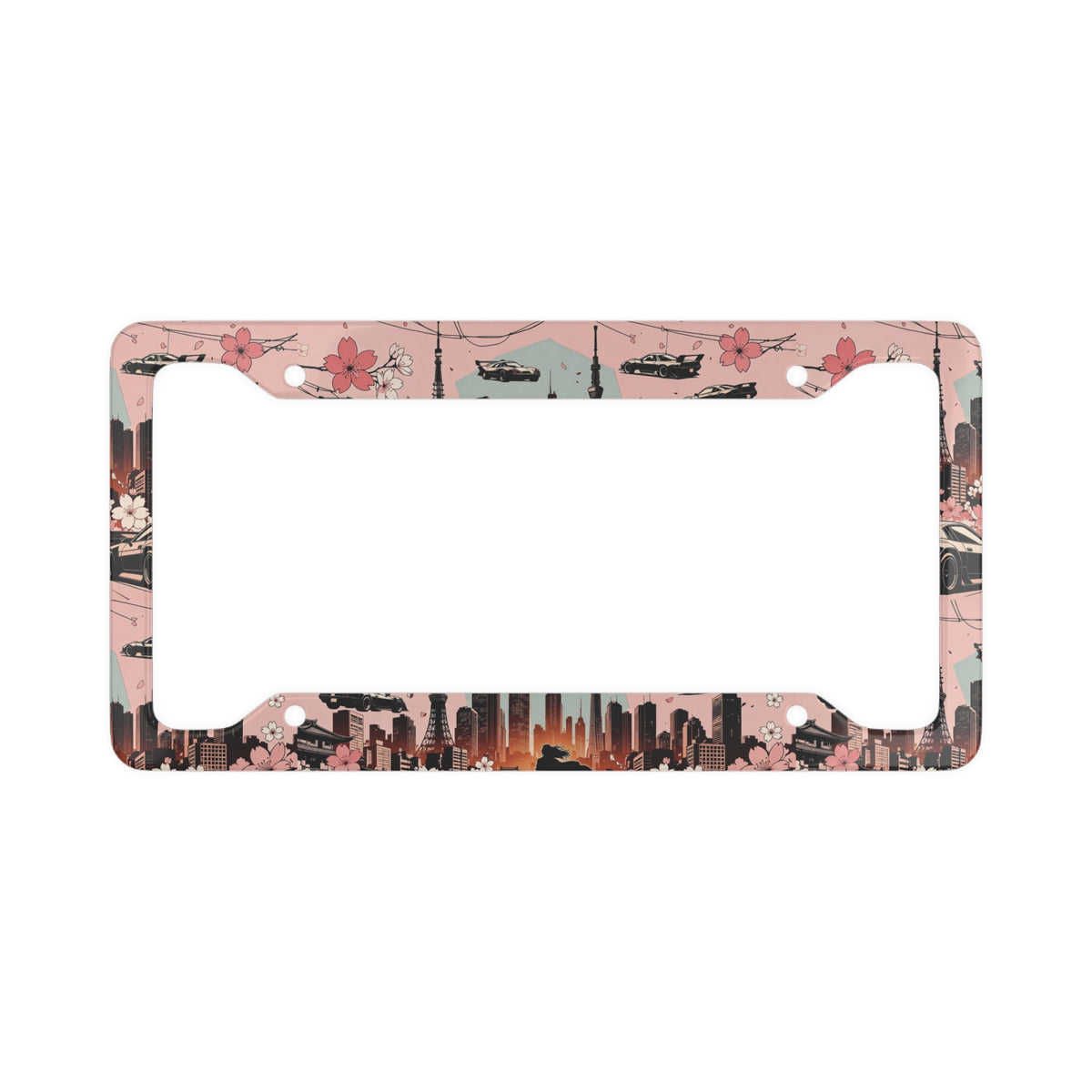 Pink Tokyo Skyline License Plate Frame - Floral JDM License Plate Frame | Vintage Japanese Cityscape | Kawaii Car Accessory for Women