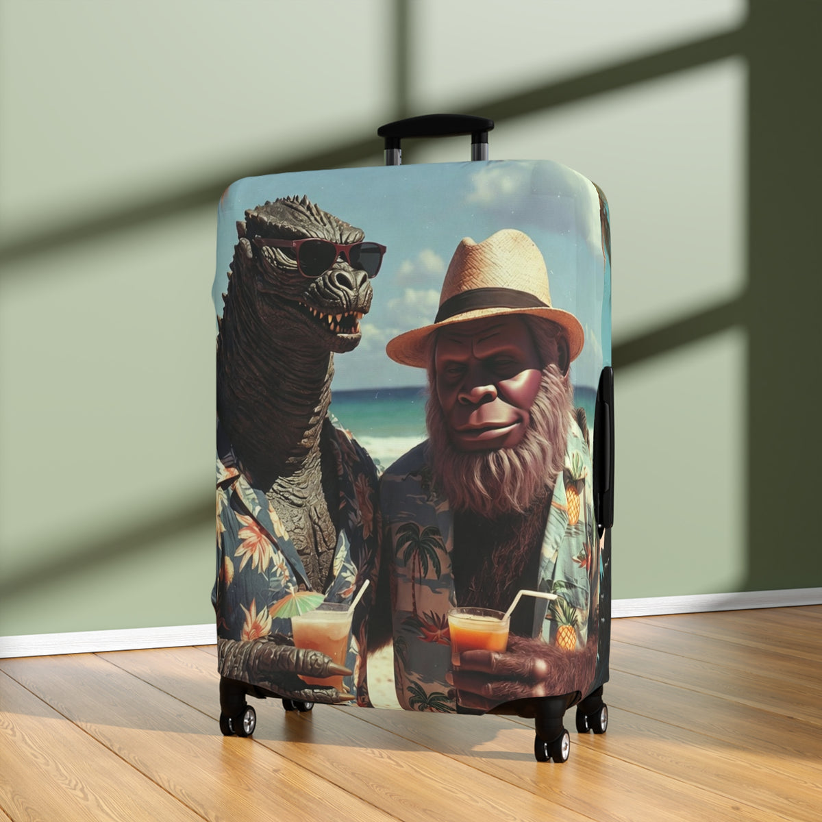 Beach Cryptids Luggage Cover - Funny Tropical Vacation Monsters Suitcase Protector