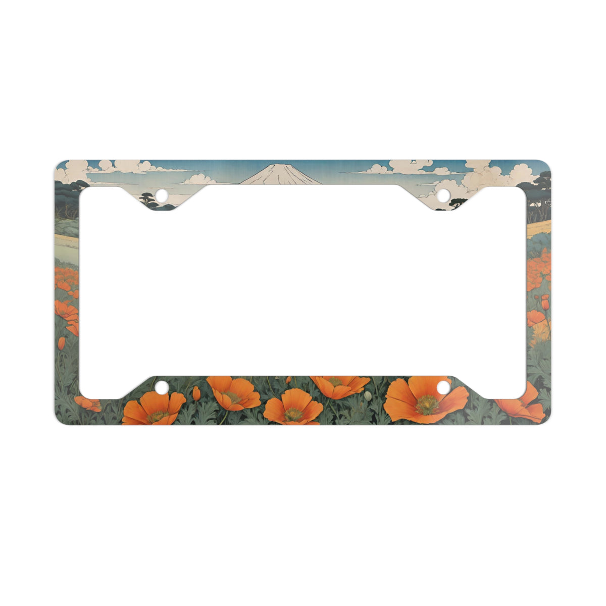 California Poppy Field with Mountain Metal License Plate Frame | Floral Scenic Plate Frame