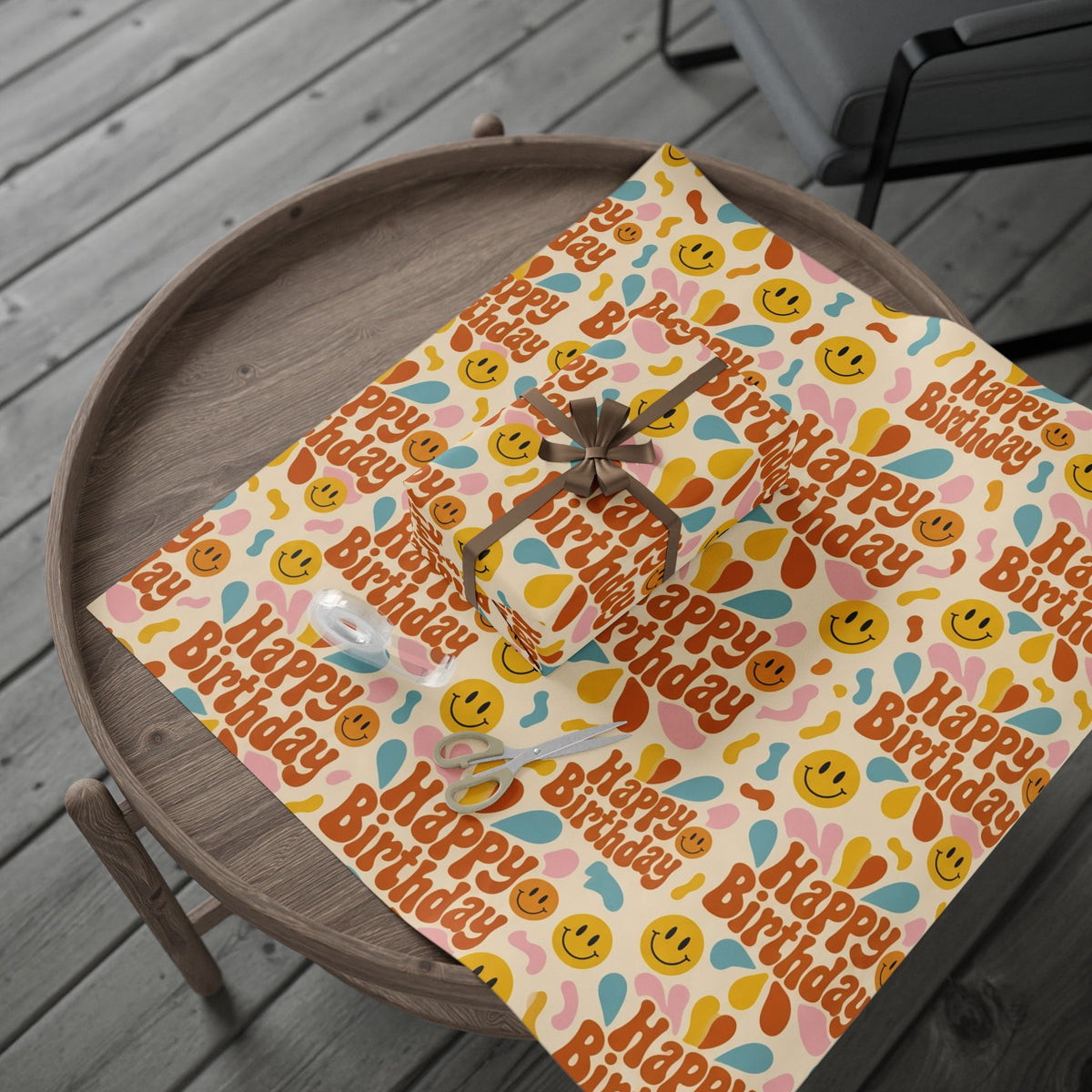Groovy Smiley Happy Birthday Smiley Wrapping Paper Roll — Retro Colorful Party Gift Wrap
