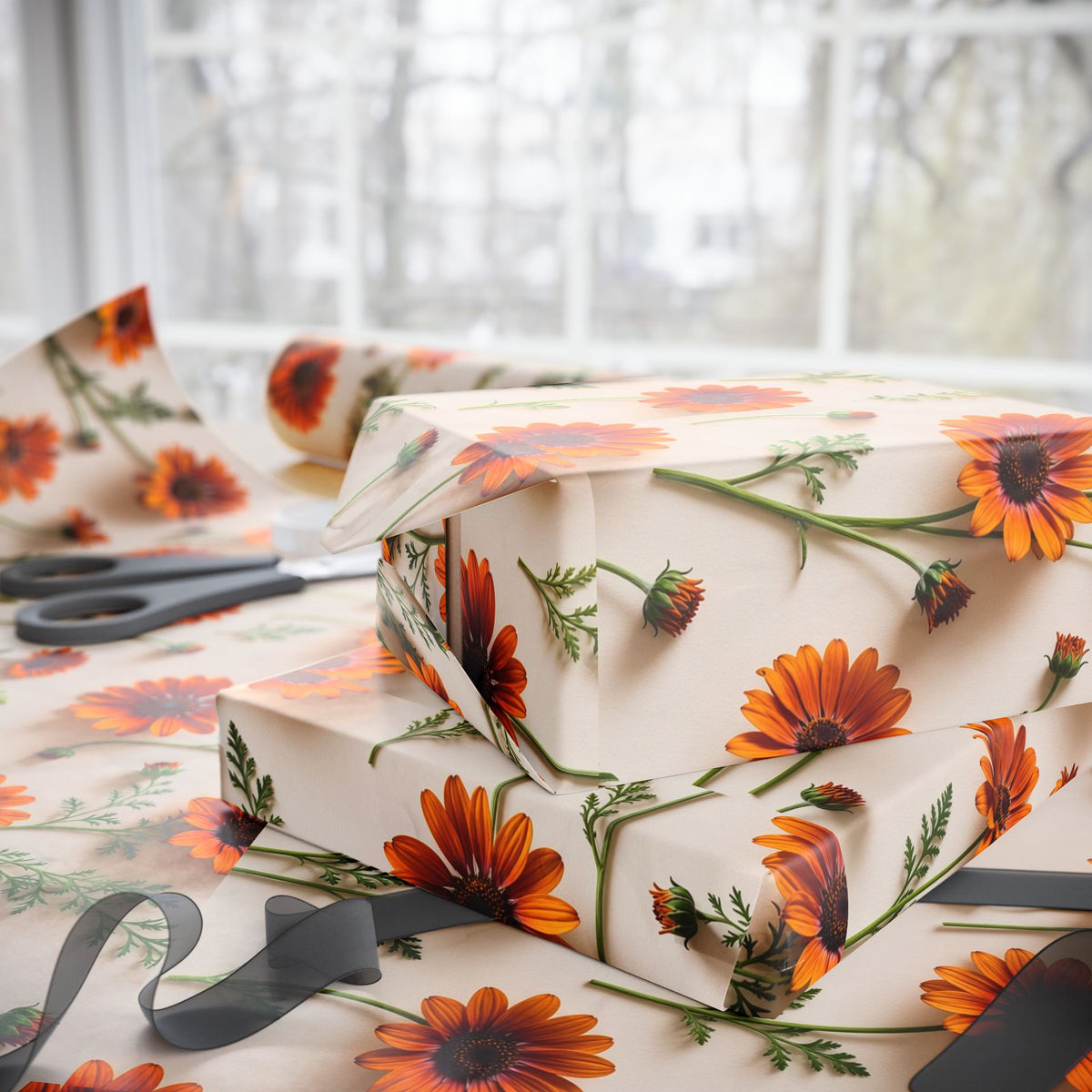 Boho Daisy Birthday wrapping paper | Cream with burnt orange daisies