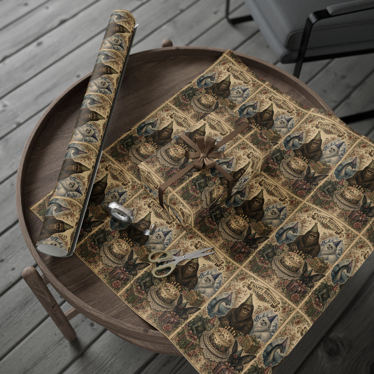 Funny Cryptid Birthday Wrapping Paper - Bigfoot, Mothman, Alien & Loch Ness Gift Wrap