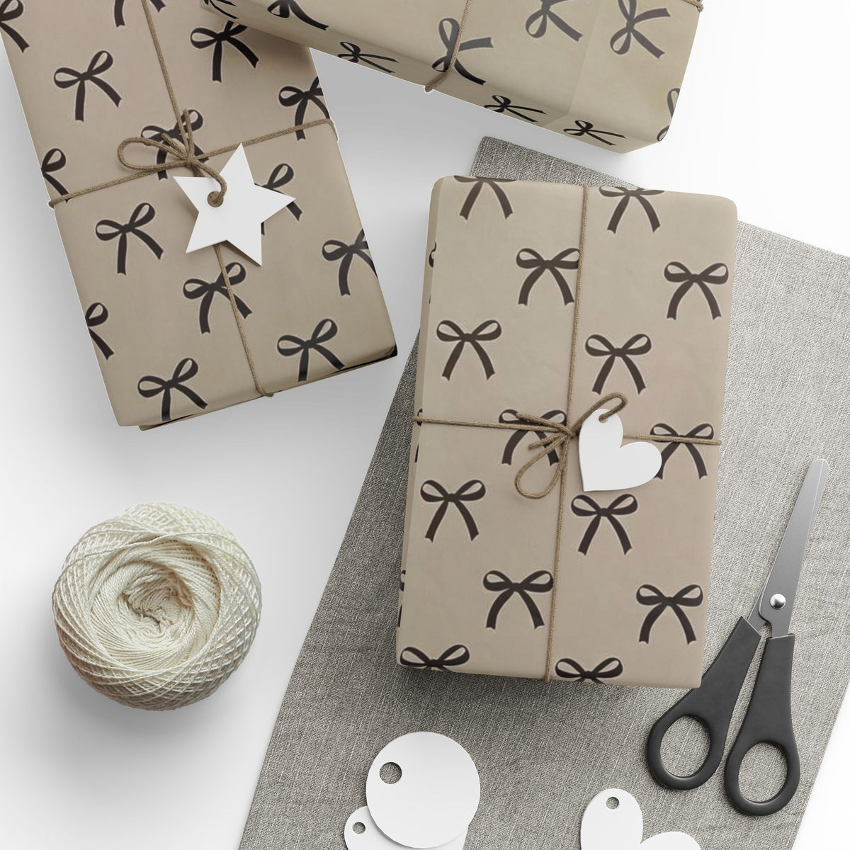 black coquette bow wrapping paper on kraft background roll