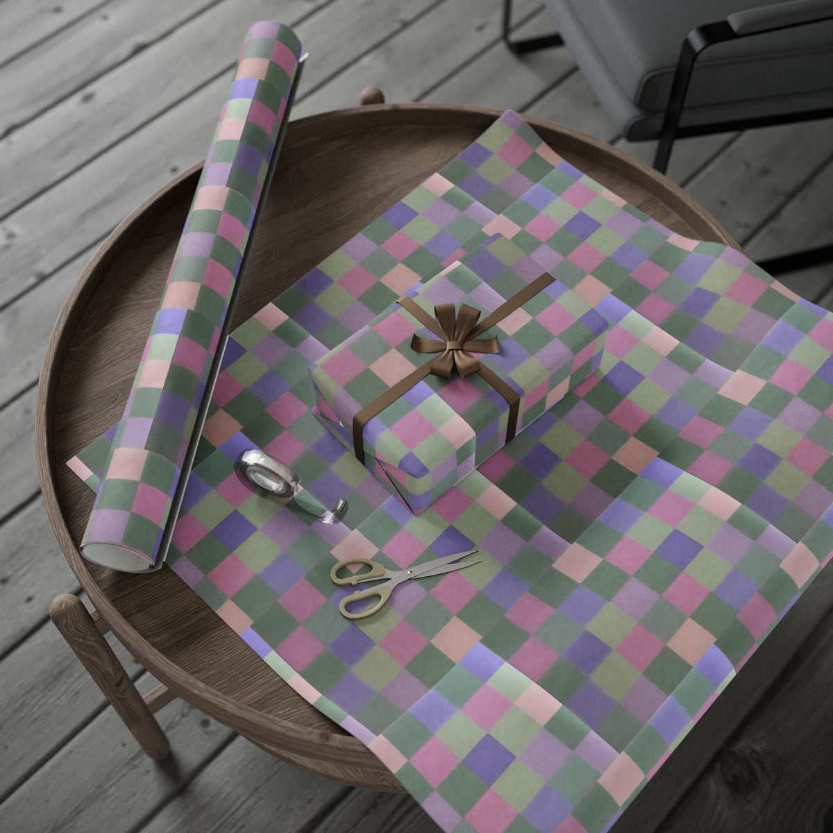 Pastel Rainbow Check wrapping paper Muted pink, sage, lilac checkerboard