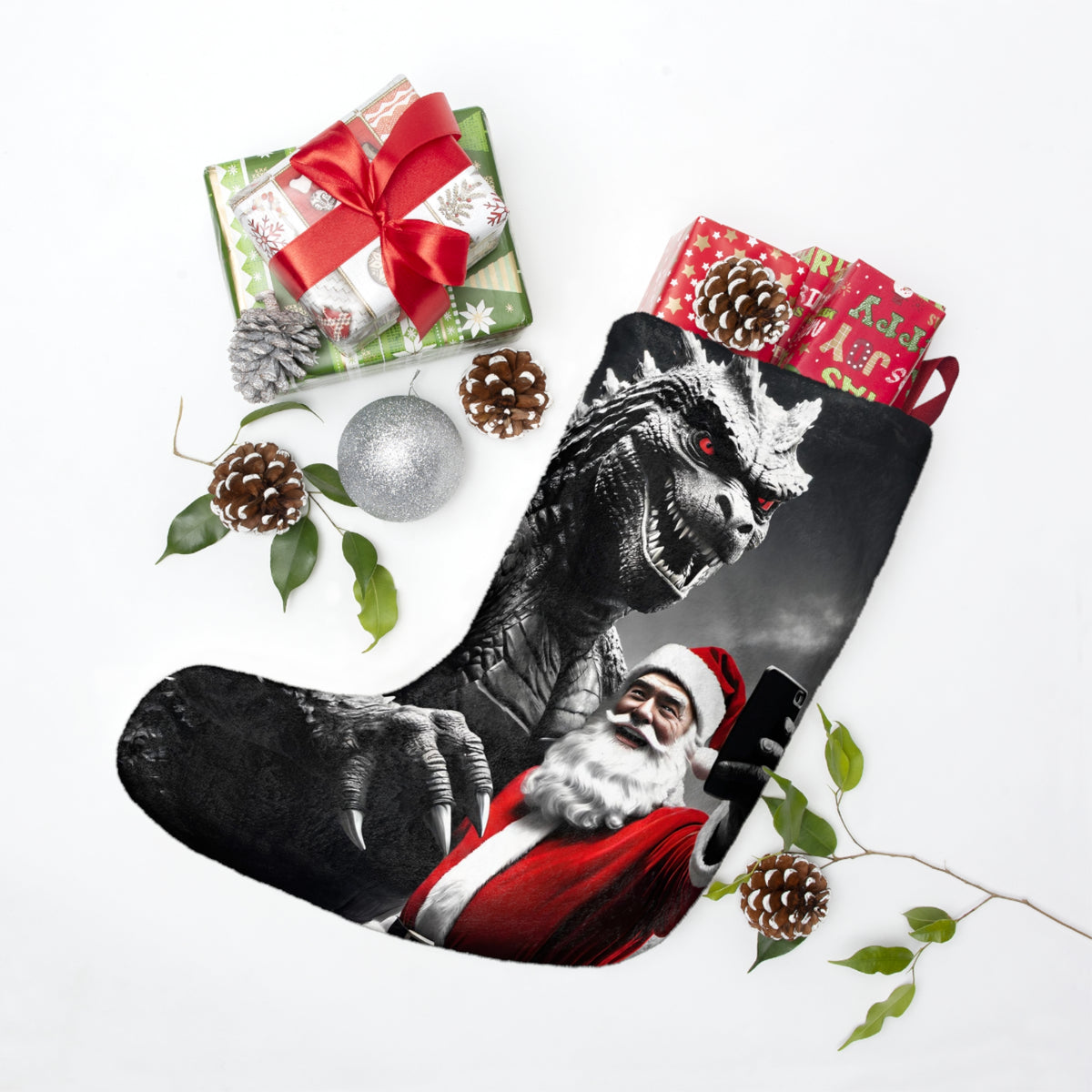 Funny Kaiju Christmas Stocking - Giant Monster Santa Selfie Xmas Stocking - Humorous Holiday Decor for Dad, Teen Boy - Best Christmas Gift