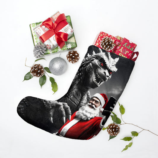 Funny Kaiju Christmas Stocking - Giant Monster Santa Selfie Xmas Stocking - Humorous Holiday Decor for Dad, Teen Boy - Best Christmas Gift