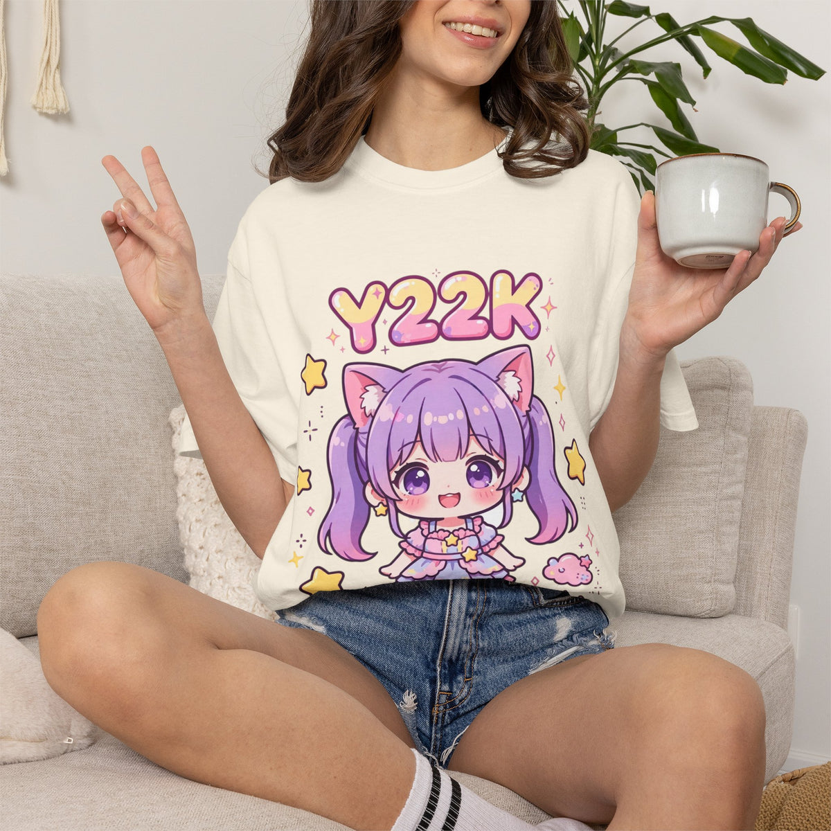 Y2K Anime Catgirl Graphic T-Shirt – Pastel Chibi Kawaii Tee | Heavyweight Cotton Y2K Streetwear