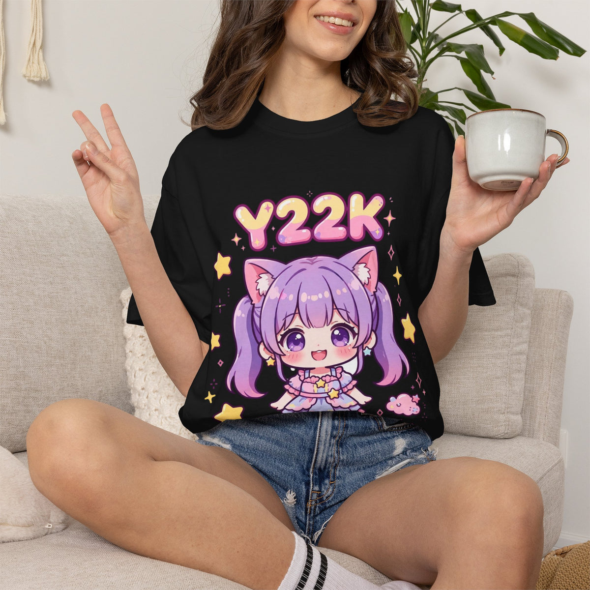 Y2K Anime Catgirl Graphic T-Shirt – Pastel Chibi Kawaii Tee | Heavyweight Cotton Y2K Streetwear