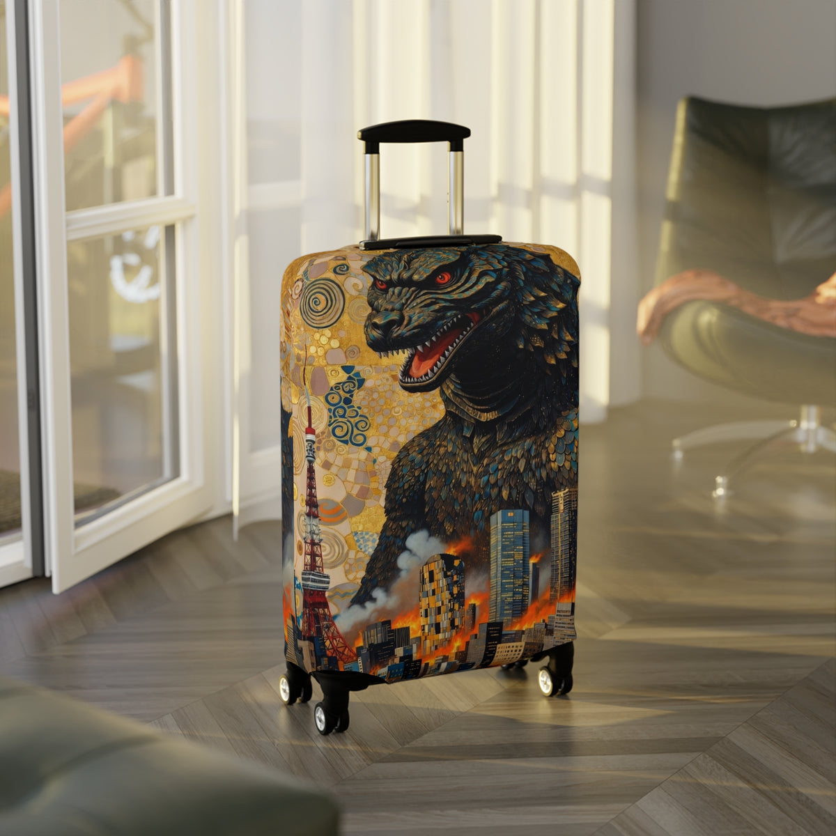 Art Nouveau Golden Monster Luggage Cover - Elastic Suitcase Protector for Travel