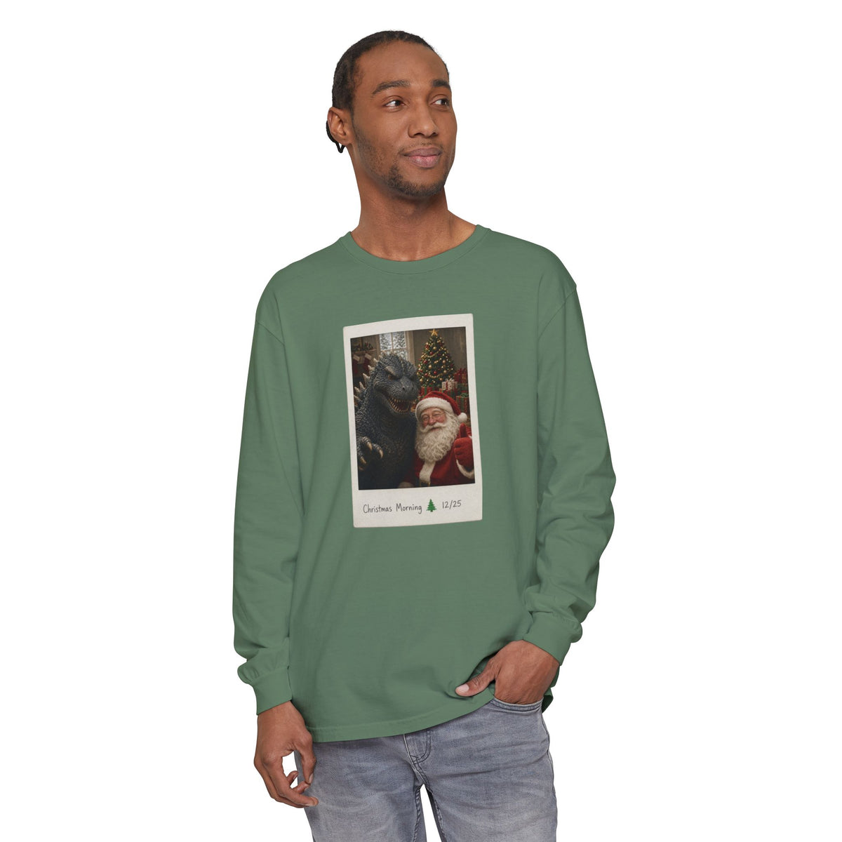 Christmas Morning Vintage Santa Long Sleeve T-Shirt – Cozy Garment-Dyed Woodland Christmas Tee