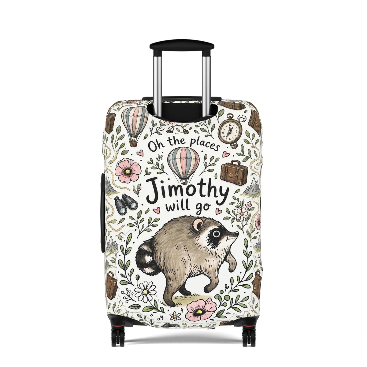 Jimothy raccoon luggage cover on beige suitcase - cute funny travel accessory

