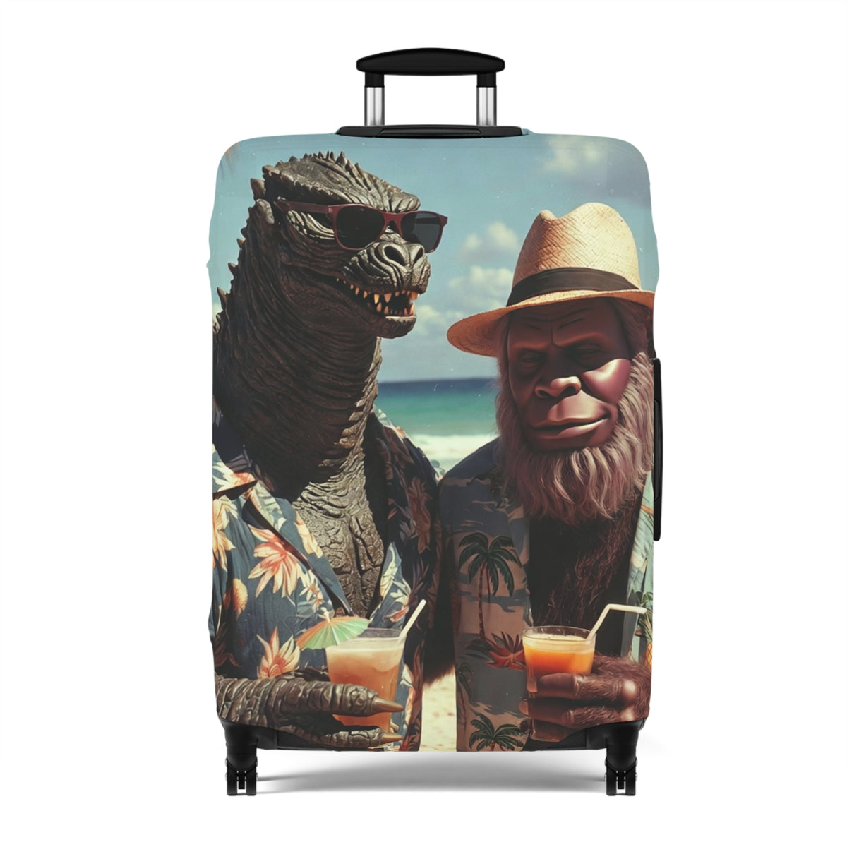 Beach Cryptids Luggage Cover - Funny Tropical Vacation Monsters Suitcase Protector