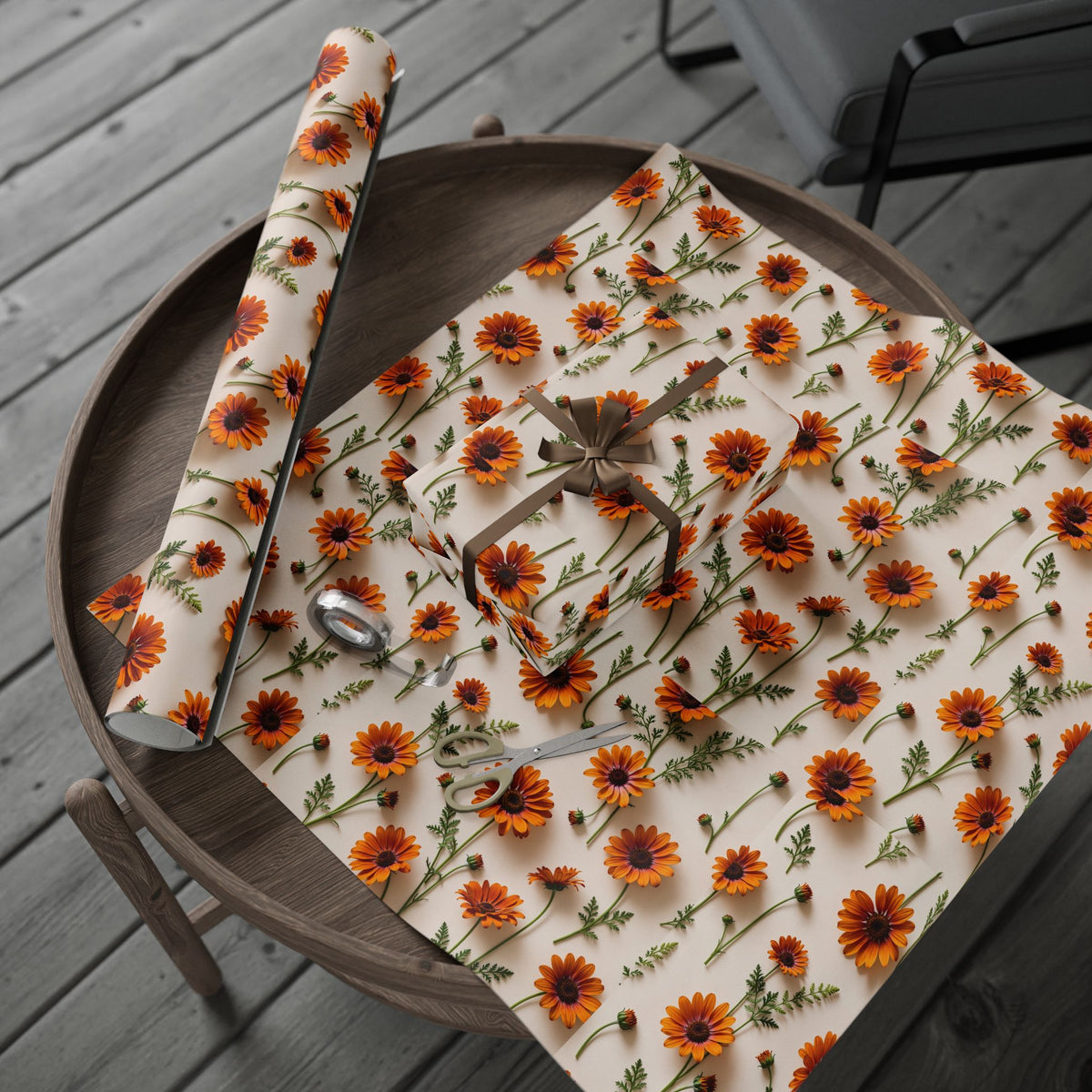 Boho Daisy Birthday wrapping paper | Cream with burnt orange daisies