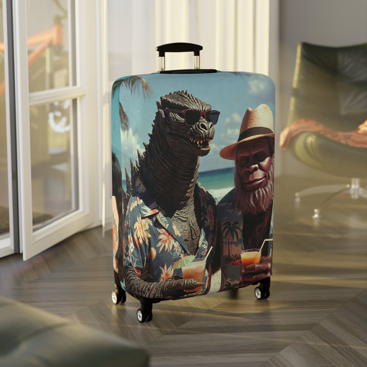 Beach Cryptids Luggage Cover - Funny Tropical Vacation Monsters Suitcase Protector