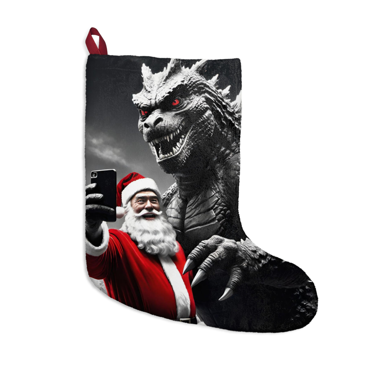 Funny Kaiju Christmas Stocking - Giant Monster Santa Selfie Xmas Stocking - Humorous Holiday Decor for Dad, Teen Boy - Best Christmas Gift