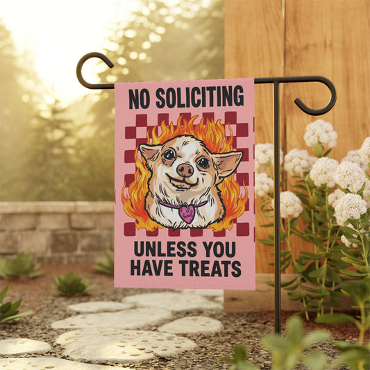 Funny No Soliciting Yard Banner - No Soliciting Unless You Have Treats - Cute Chibi Dog on Fire - Double-Sided Garden Banner