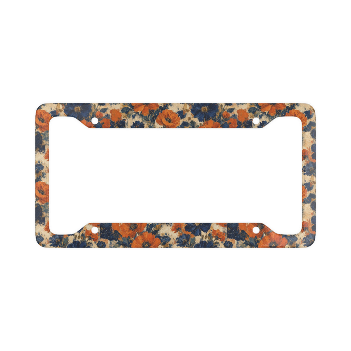 Vintage Auburn Floral License Plate Frame - Burnt Orange & Navy Rose Aluminum Car Tag Holder