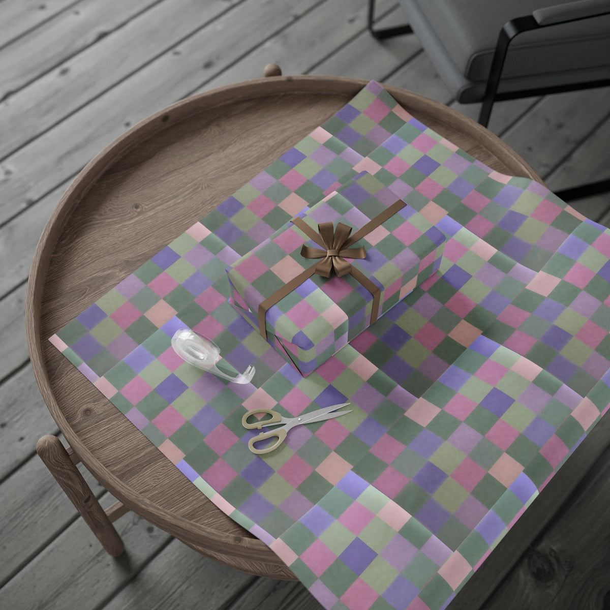 Pastel Rainbow Check wrapping paper Muted pink, sage, lilac checkerboard
