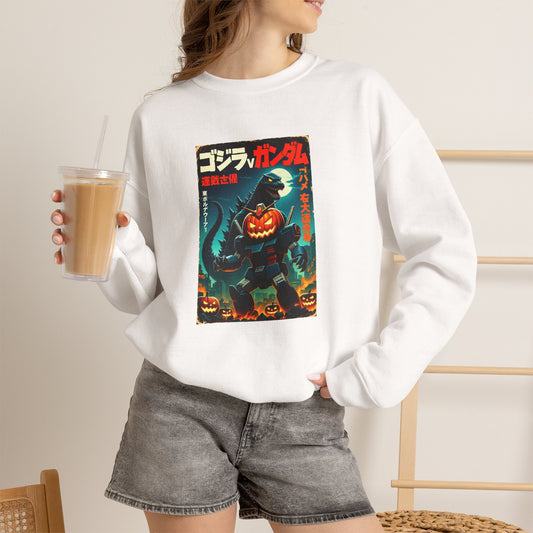 A woman wearing a white crewneck sweatshirt with a vintage-style Japanese horror graphic featuring a jack-o'-lantern and a monster. She is holding a iced coffee and wearing gray denim shorts in a brightly lit indoor setting.