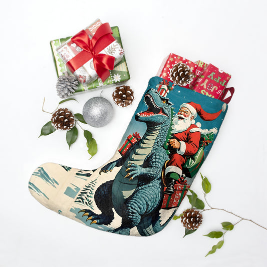 Retro Giant Monster Christmas Stocking - Vintage Kaiju Holiday Stocking - Funny City Monster Xmas Decor for Kids