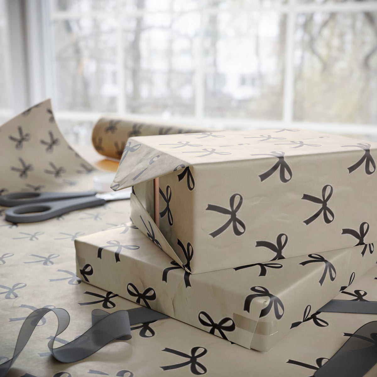 Coquette Bow Wrapping Paper Roll - Black Bow on Kraft - Aesthetic Gift Wrap