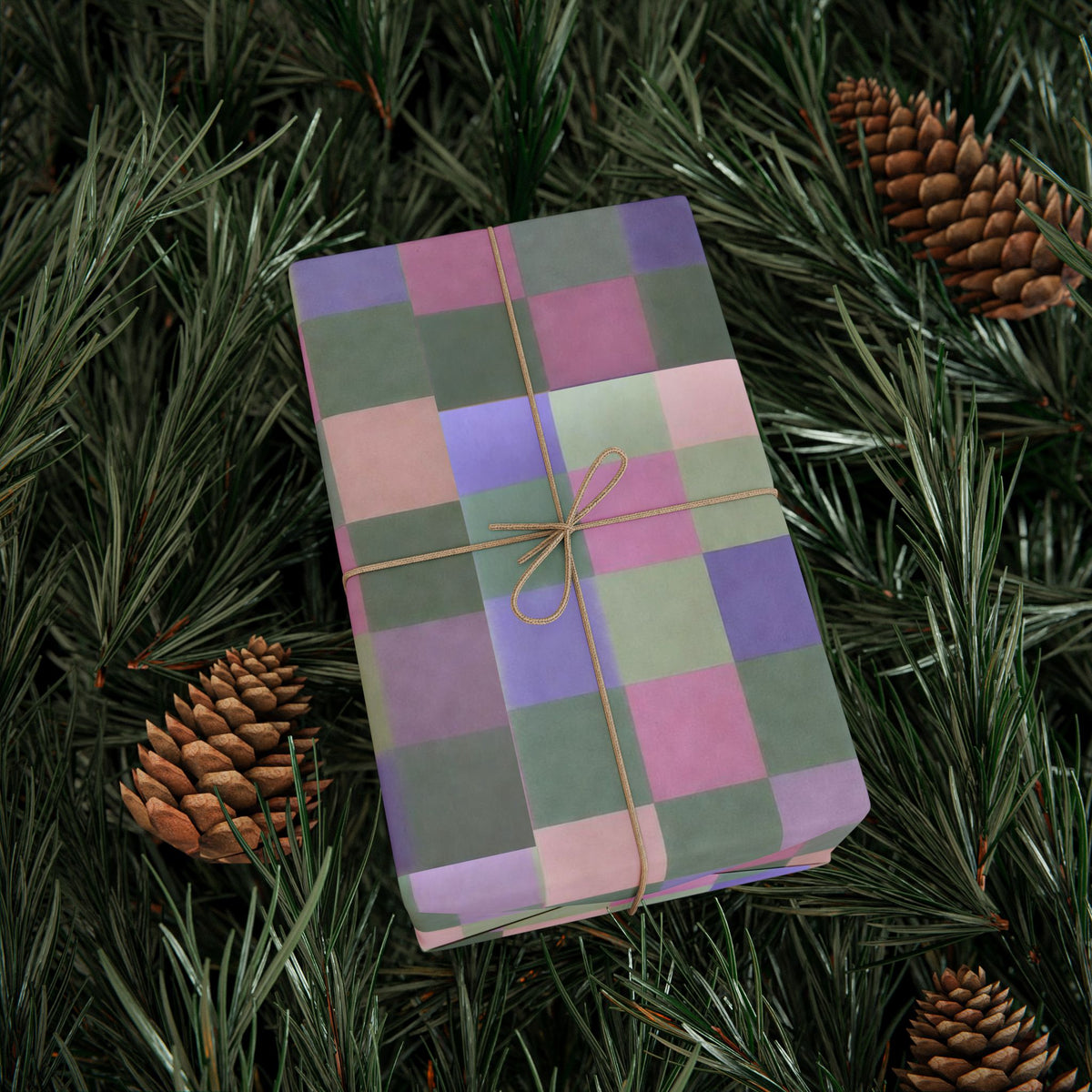 Pastel Rainbow Check wrapping paper Muted pink, sage, lilac checkerboard