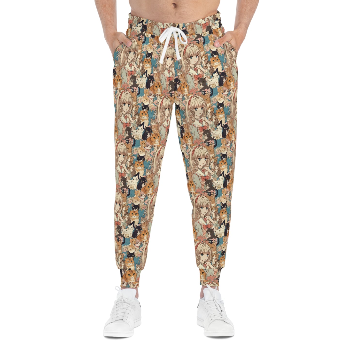 Anime Sweatpants, Vintage Anime Girl and Cat Athletic Joggers, Japanese Art Sweatpants, Anime Gifts, Christmas Gym Clothing