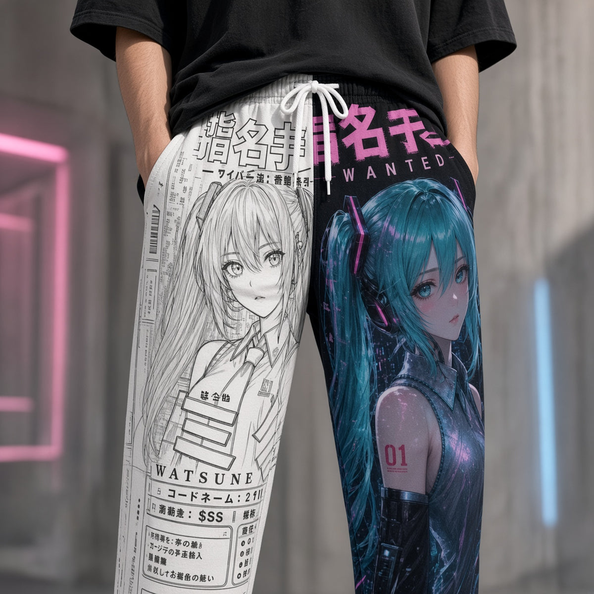Teal Twin-Tail Anime Graphic Joggers – Cyber Idol Streetwear Sweatpants