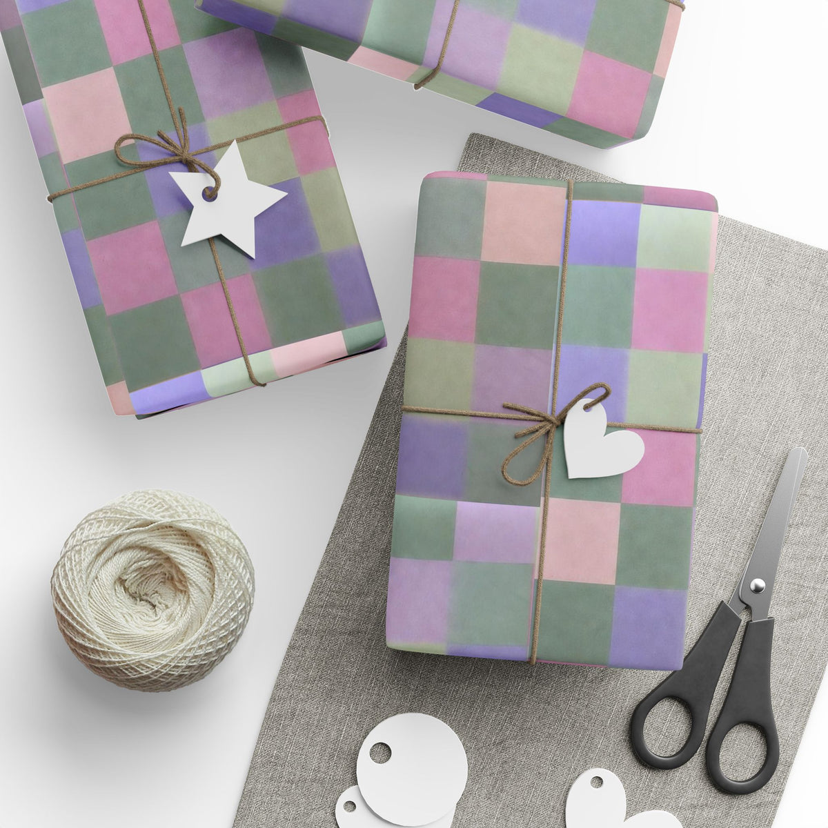 Pastel Rainbow Check wrapping paper Muted pink, sage, lilac checkerboard