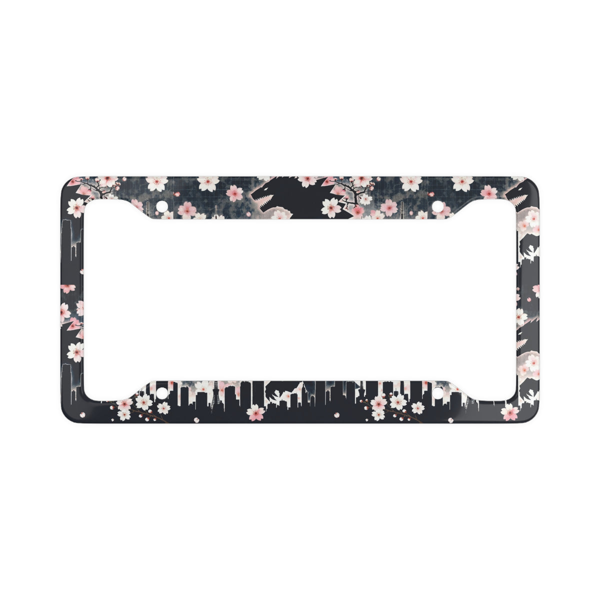 Tokyo Sakura Skyline License Plate Frame - JDM Cherry Blossom Aluminum Frame | DorkMafia Kaiju Edition