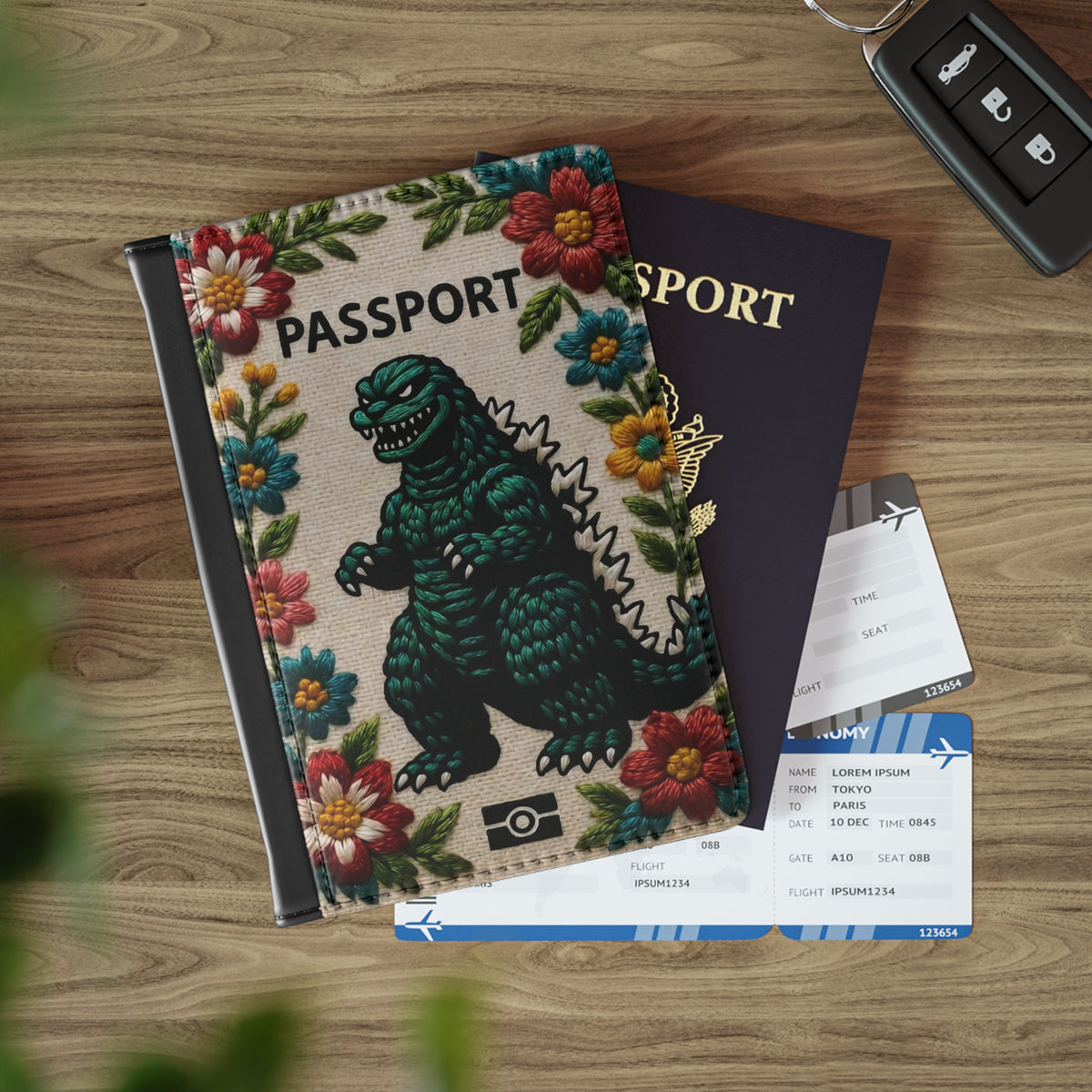 Floral Kaiju Passport Cover - Vintage Monster Travel Wallet | RFID Blocking Passport Holder
