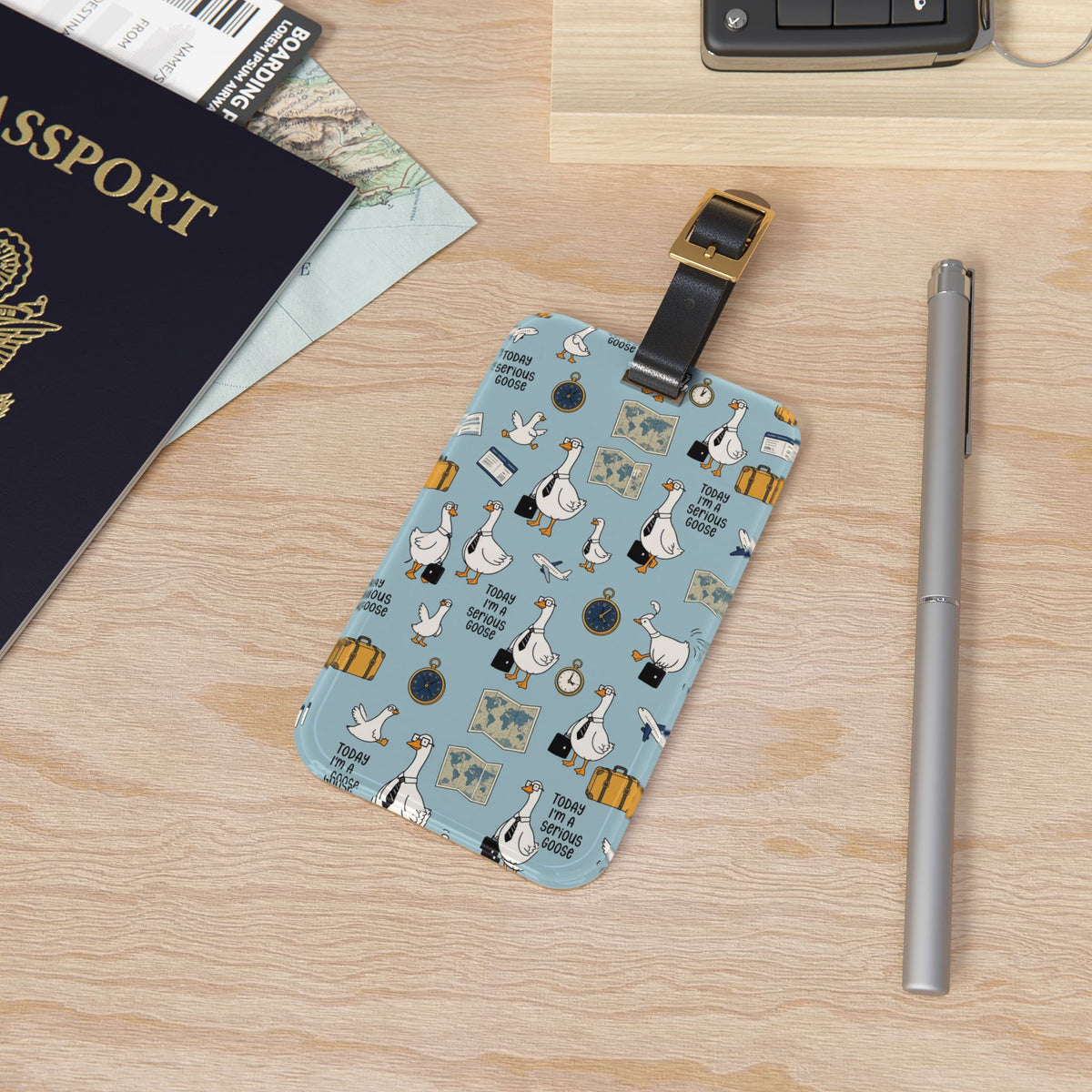 Silly Goose Travel Luggage Tag – 'Today I'm a Seagull' Blue Pattern