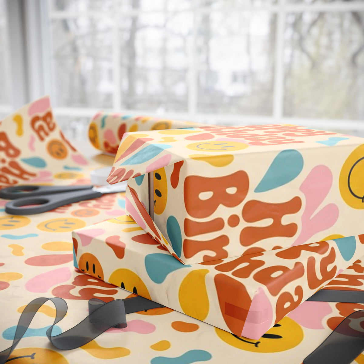Groovy Smiley Happy Birthday Smiley Wrapping Paper Roll — Retro Colorful Party Gift Wrap