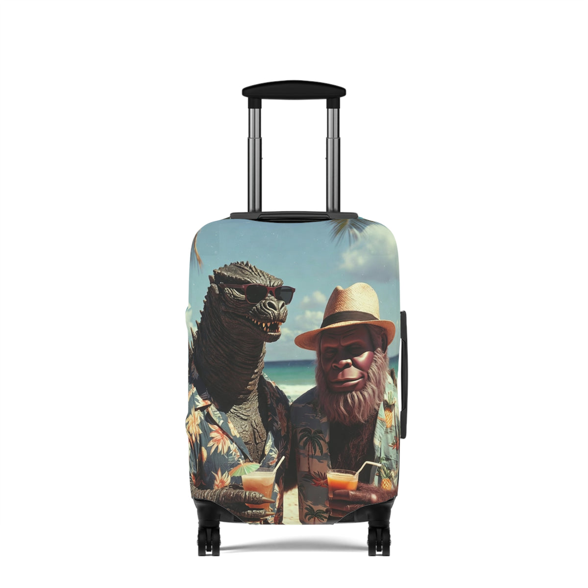 Beach Cryptids Luggage Cover - Funny Tropical Vacation Monsters Suitcase Protector