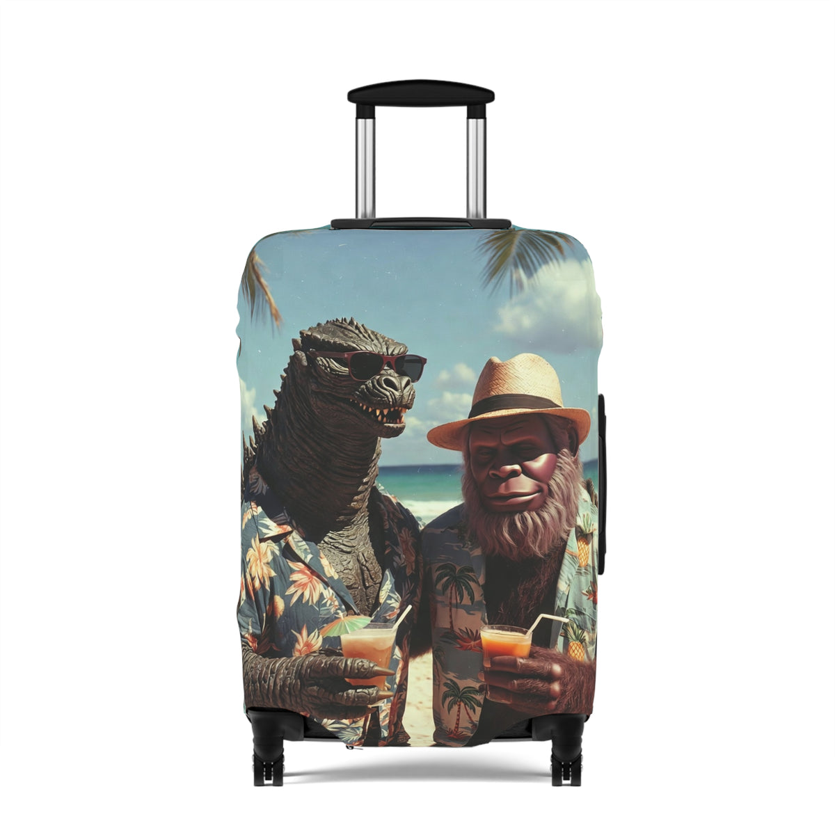 Beach Cryptids Luggage Cover - Funny Tropical Vacation Monsters Suitcase Protector
