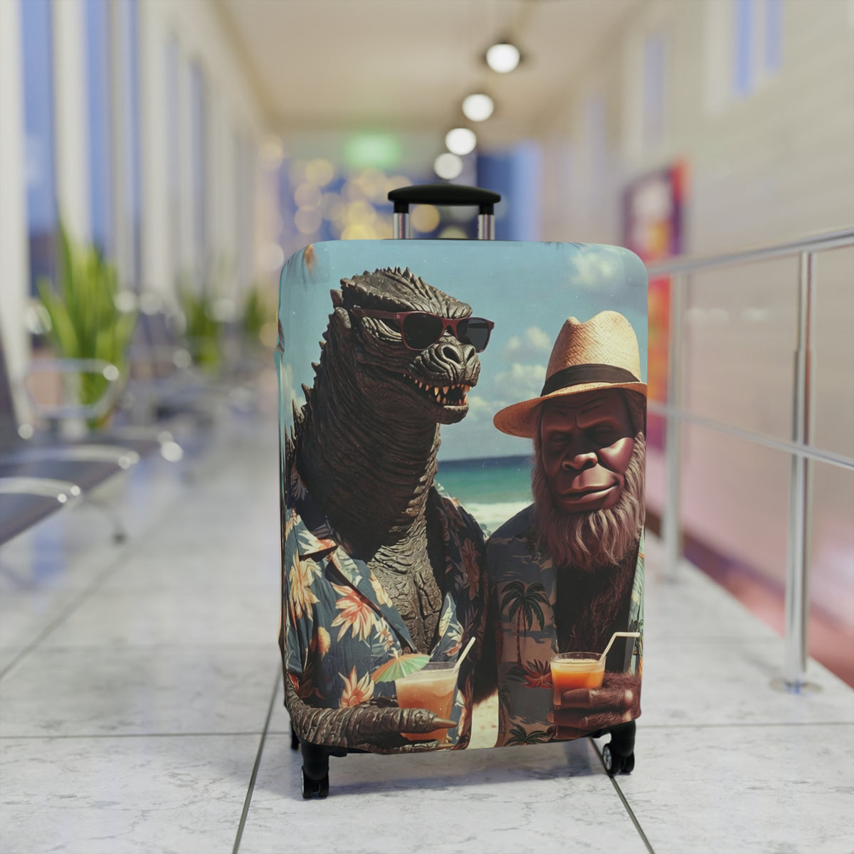 Beach Cryptids Luggage Cover - Funny Tropical Vacation Monsters Suitcase Protector