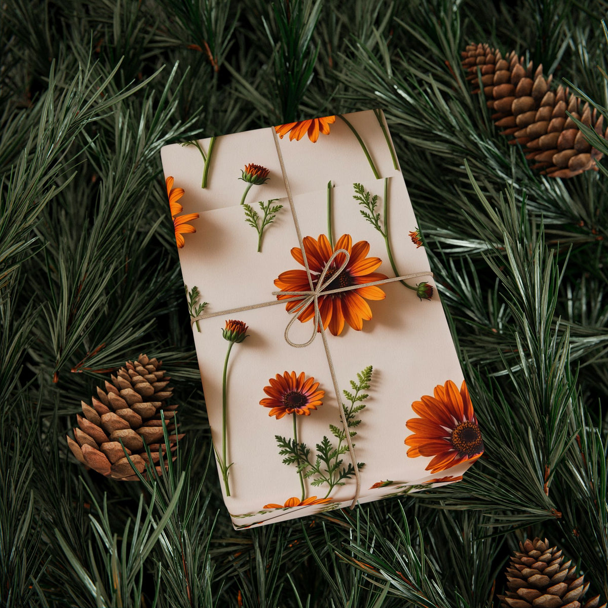 Boho Daisy Birthday wrapping paper | Cream with burnt orange daisies