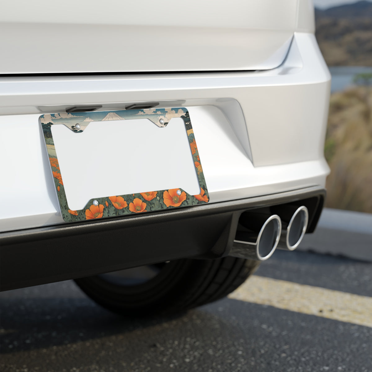 California Poppy Field with Mountain Metal License Plate Frame | Floral Scenic Plate Frame